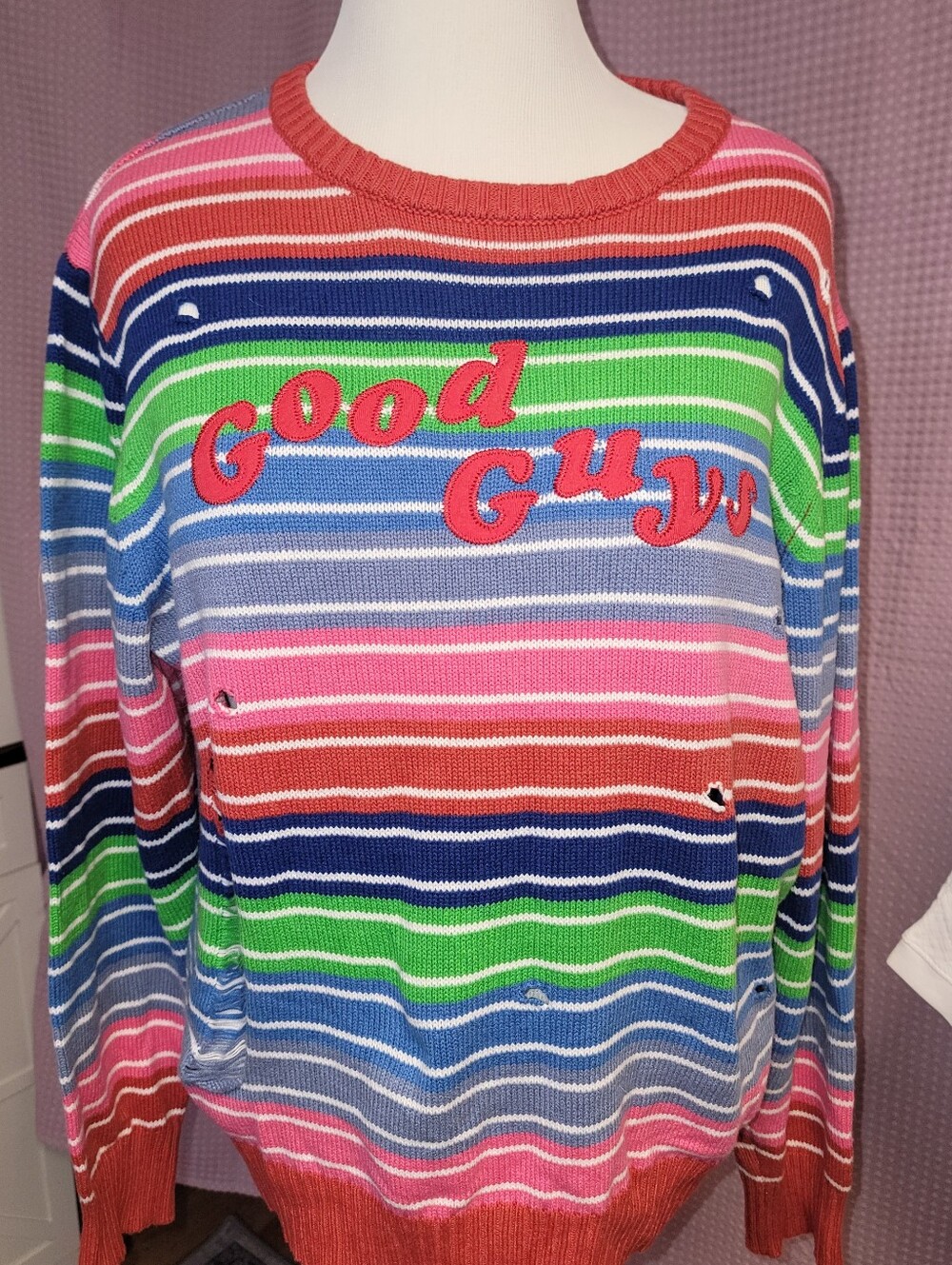 Chucky Good Guys XXL Distressed Striped Halloween Horror Sweater